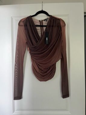 Fashion Nova Brown Mauve Sheer Draped Long Sleeve Top